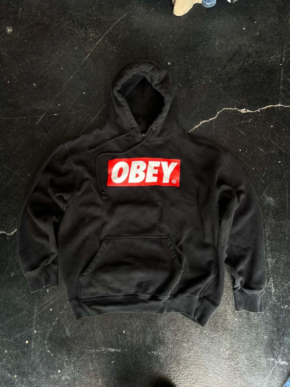 Obey Red Box Logo Black Hoodie Size L